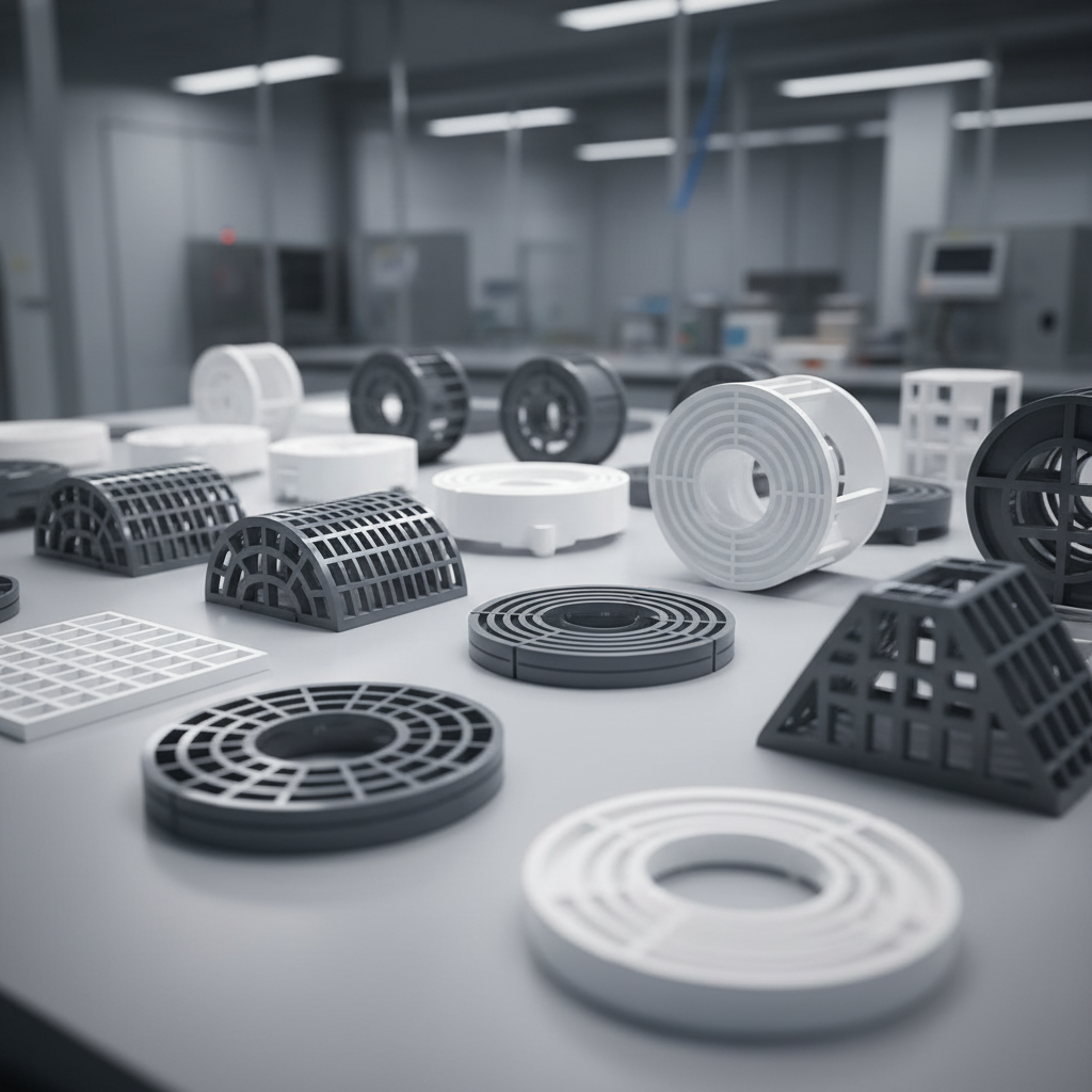 A close-up view of precision-molded, high-gloss plastic components arranged neatly on a spotless matte gray work surface within a high-end industrial setting. The parts display intricate geometric patterns and smooth, seamless edges in neutral tones of grey and white. Overhead diffused LED lighting bathes the entire scene, casting crisp, gentle shadows and subtle reflections that enhance the clarity and texture of each item. The background is softly blurred to emphasize the sharpness and detail of the foreground objects. The composition uses a rule of thirds layout and a shallow depth of field to create a professional, contemporary, and organized mood, exemplifying photographic realism in a clean, corporate style.